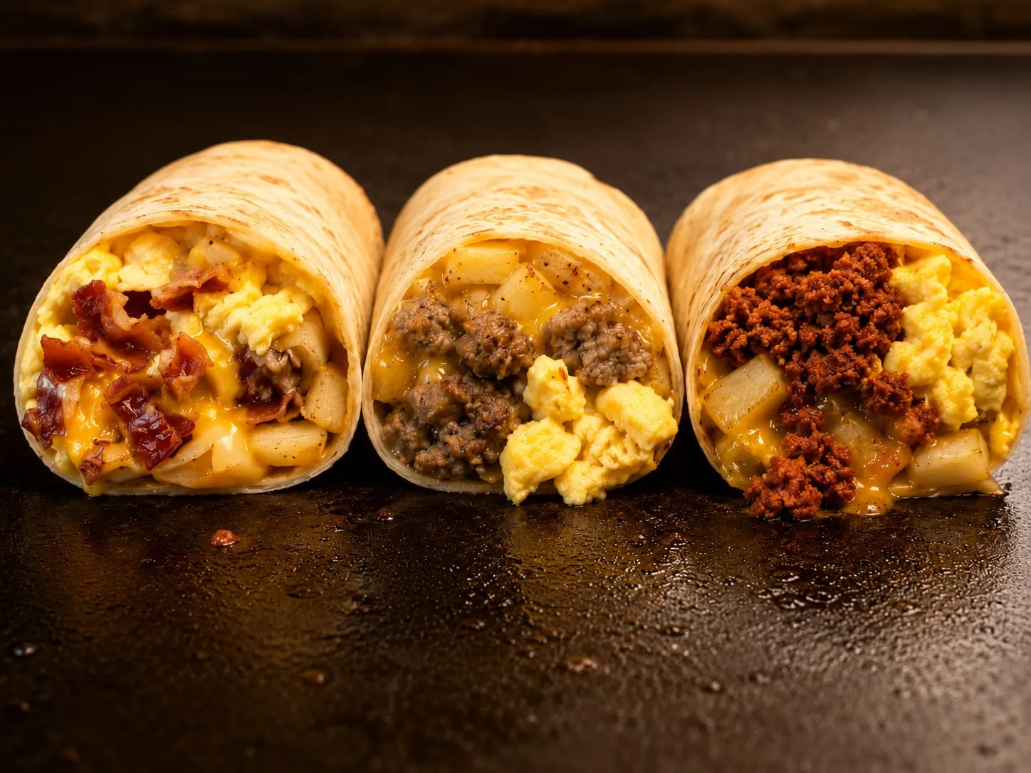 Blackstone breakfast burrito stuffed with eggs, crispy potatoes, bacon, and cheese