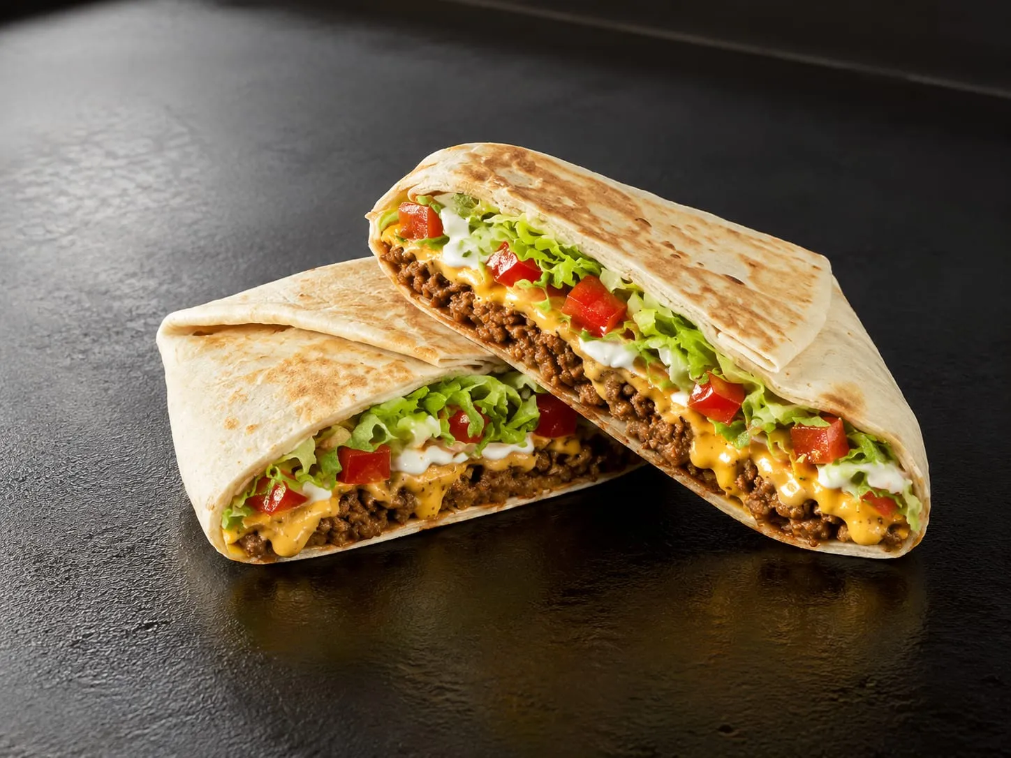 Blackstone Crunchwrap Supreme sliced in half showing crispy exterior and layered filling