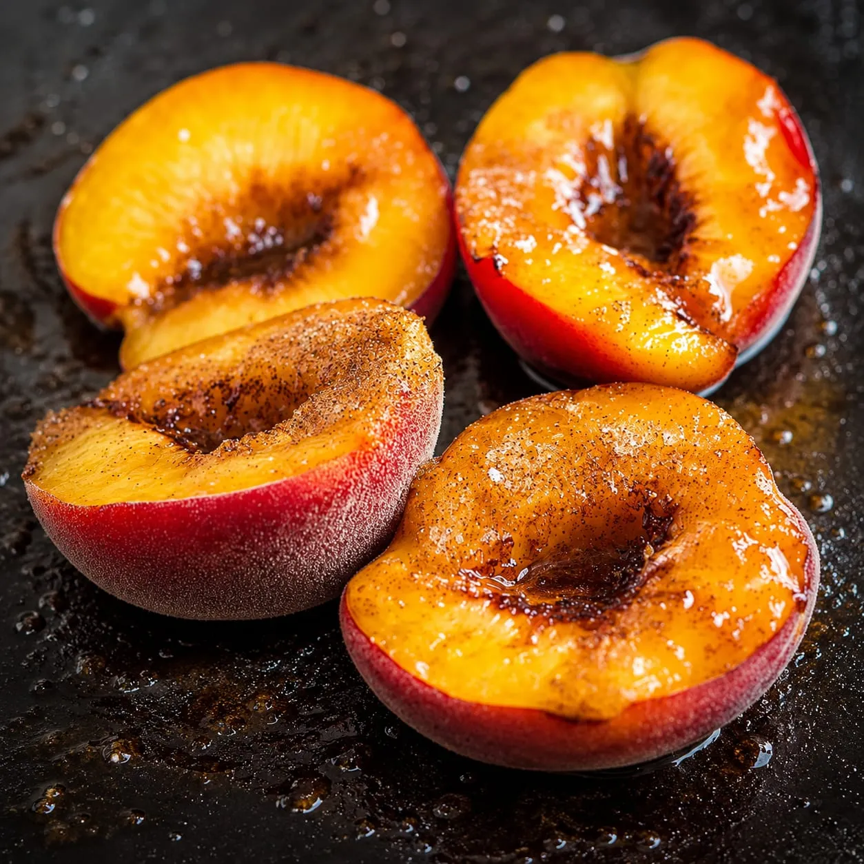 Caramelized grilled peach halves with cinnamon sugar on a Blackstone griddle