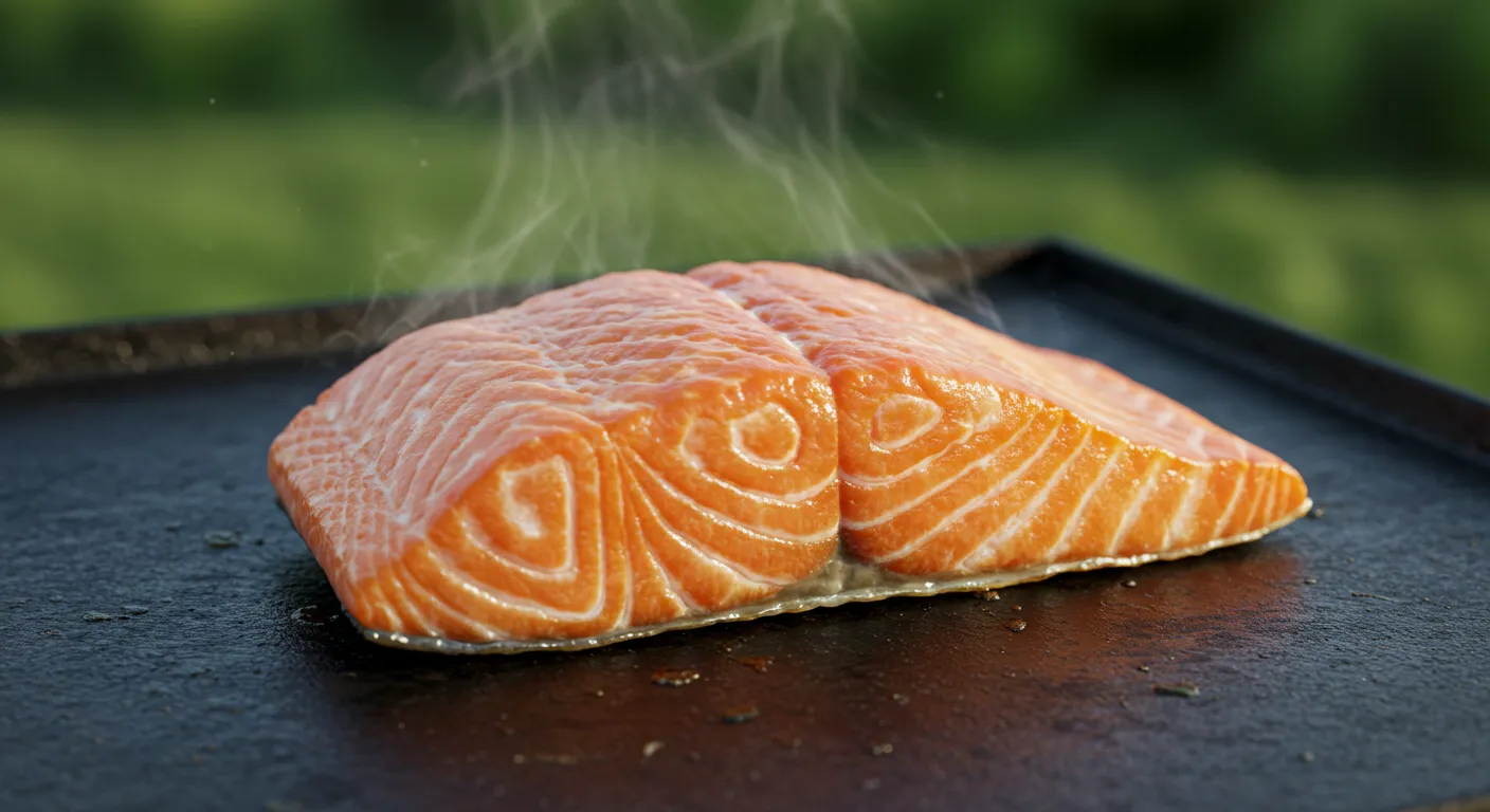 Salmon fillets cooking on a Blackstone griddle with garlic butter sauce