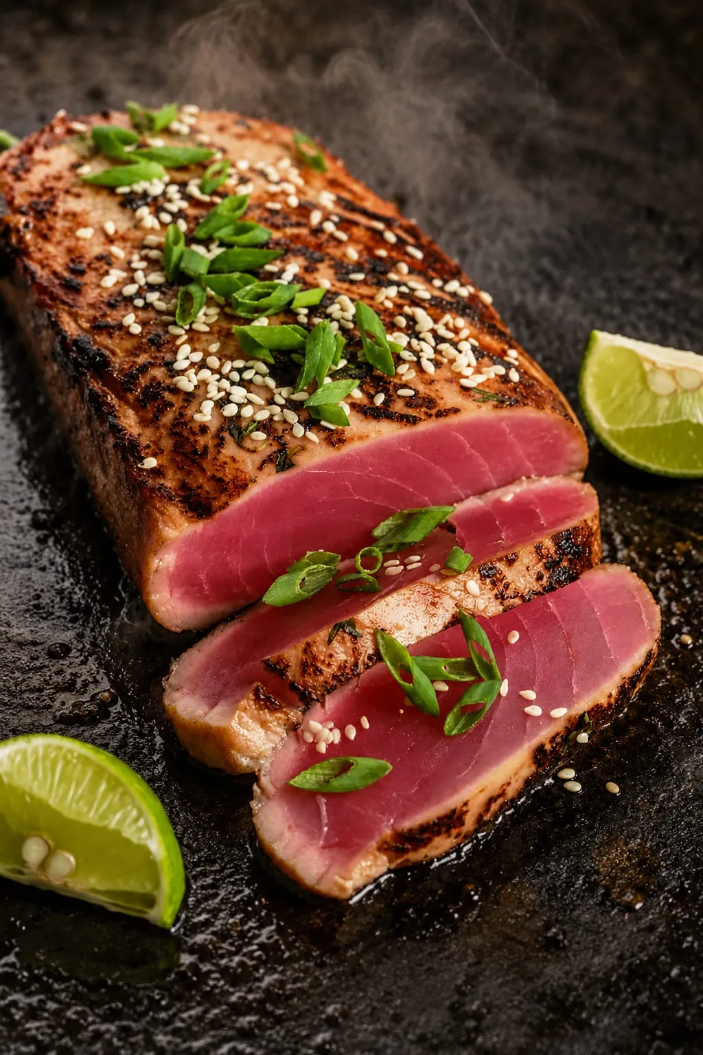 Seared ahi tuna with sesame crust sliced into medallions on a Blackstone griddle