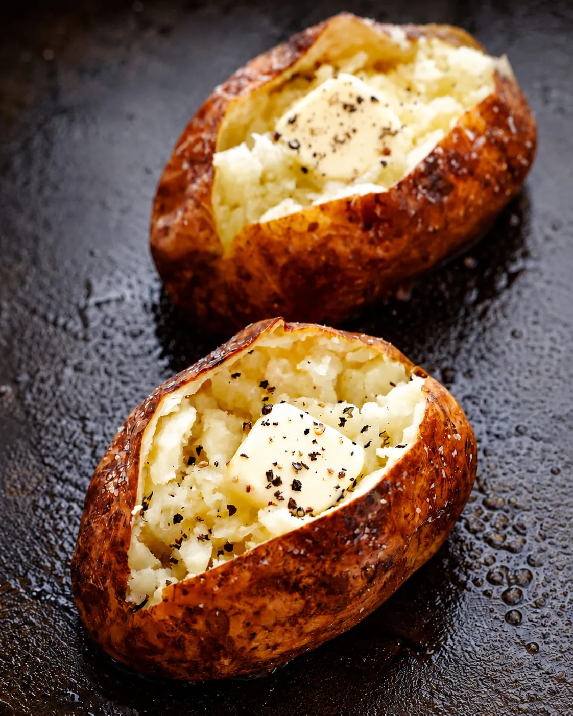 Baked potato with crispy skin and fluffy interior cooked on a Blackstone griddle