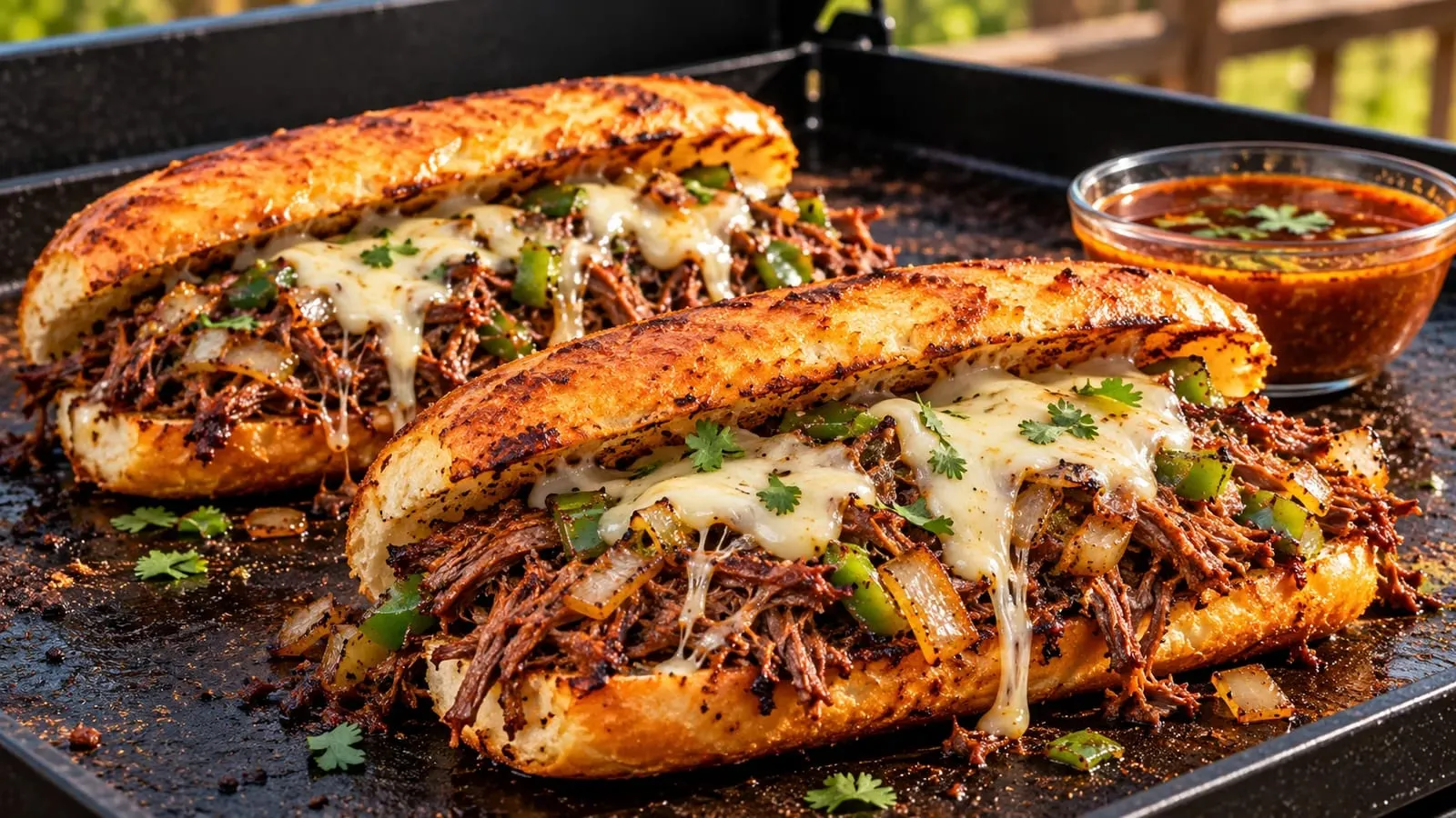 Two birria Philly cheesesteaks on a Blackstone griddle, toasted hoagies filled with shredded birria, onions, green peppers, and melted provolone, with a cup of consomé