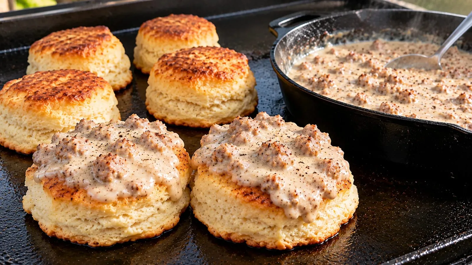 Golden canned biscuits on a Blackstone griddle, two topped with sausage gravy, next to a cast-iron skillet of sausage gravy