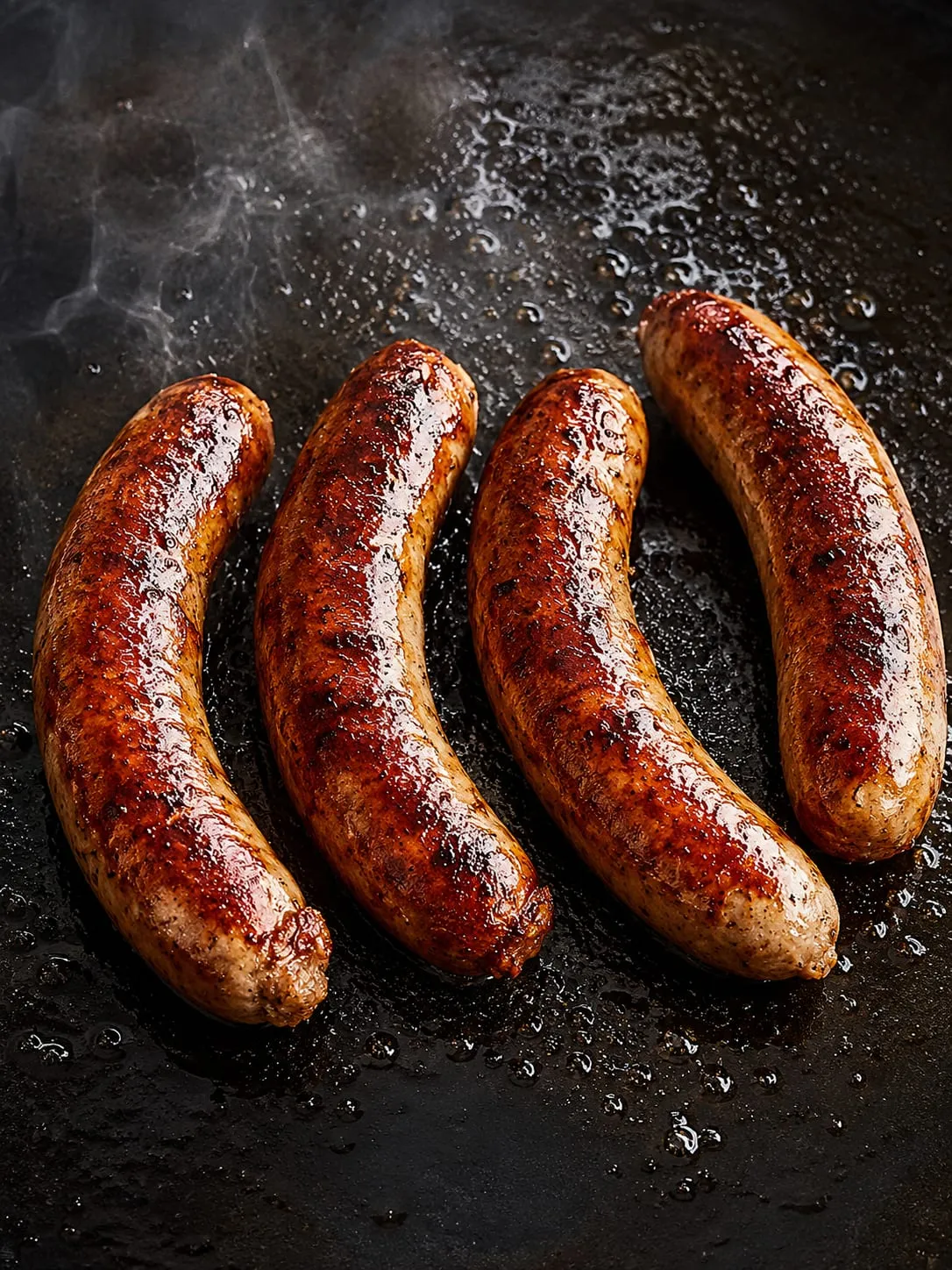 Bratwurst with a caramelized sear and caramelized onions on a Blackstone griddle