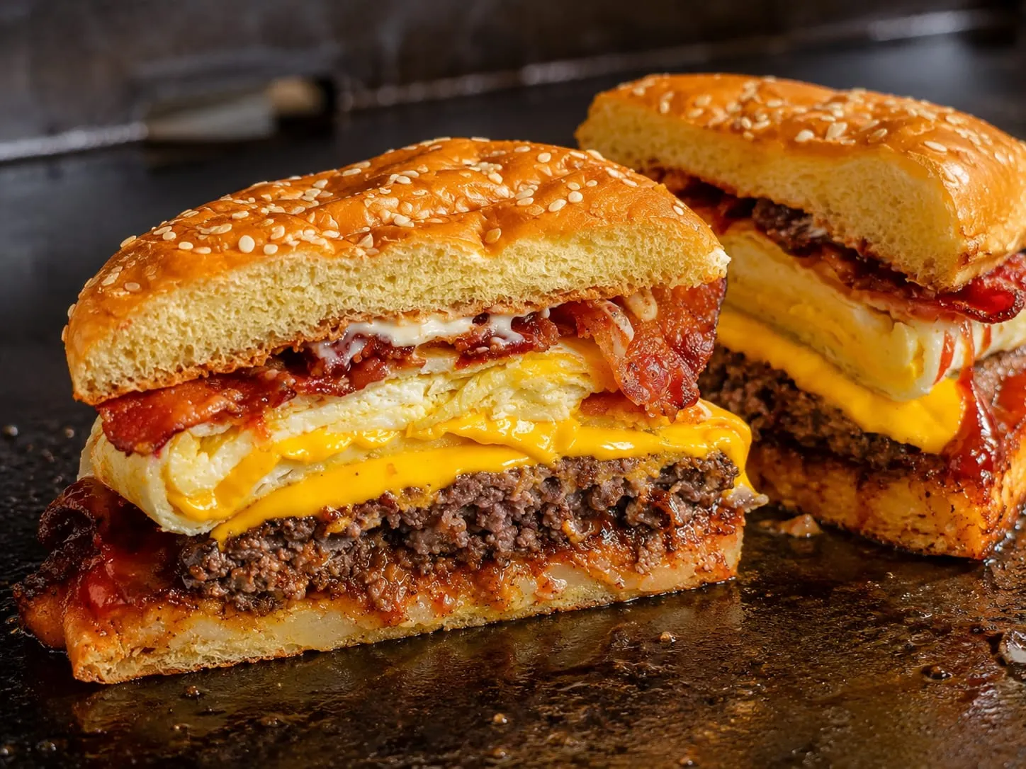 Blackstone breakfast burger with smash patty, fried egg, bacon, and melted cheese on a brioche bun