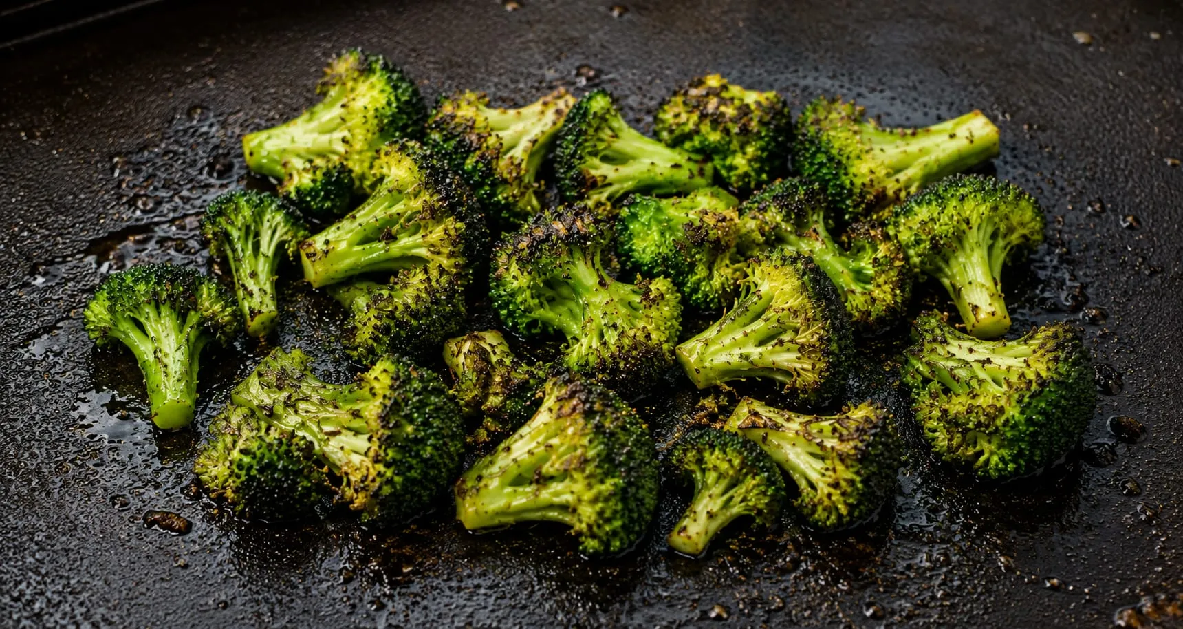 Charred broccoli florets cooking on a Blackstone griddle