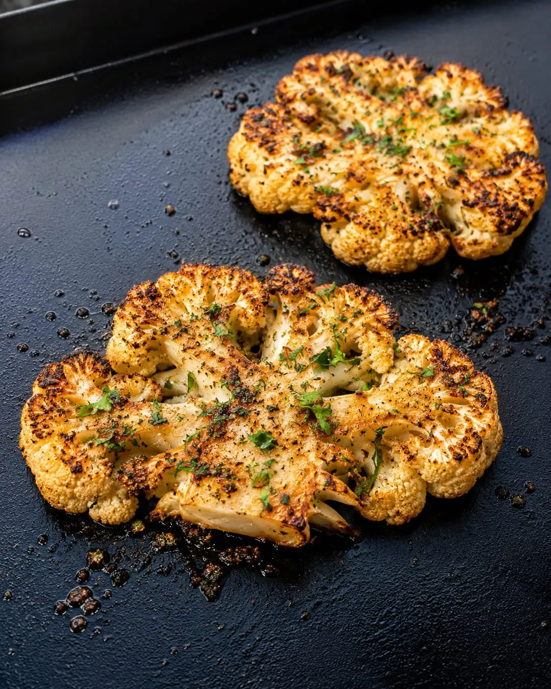 Cauliflower steaks with a golden-brown crust on a Blackstone griddle