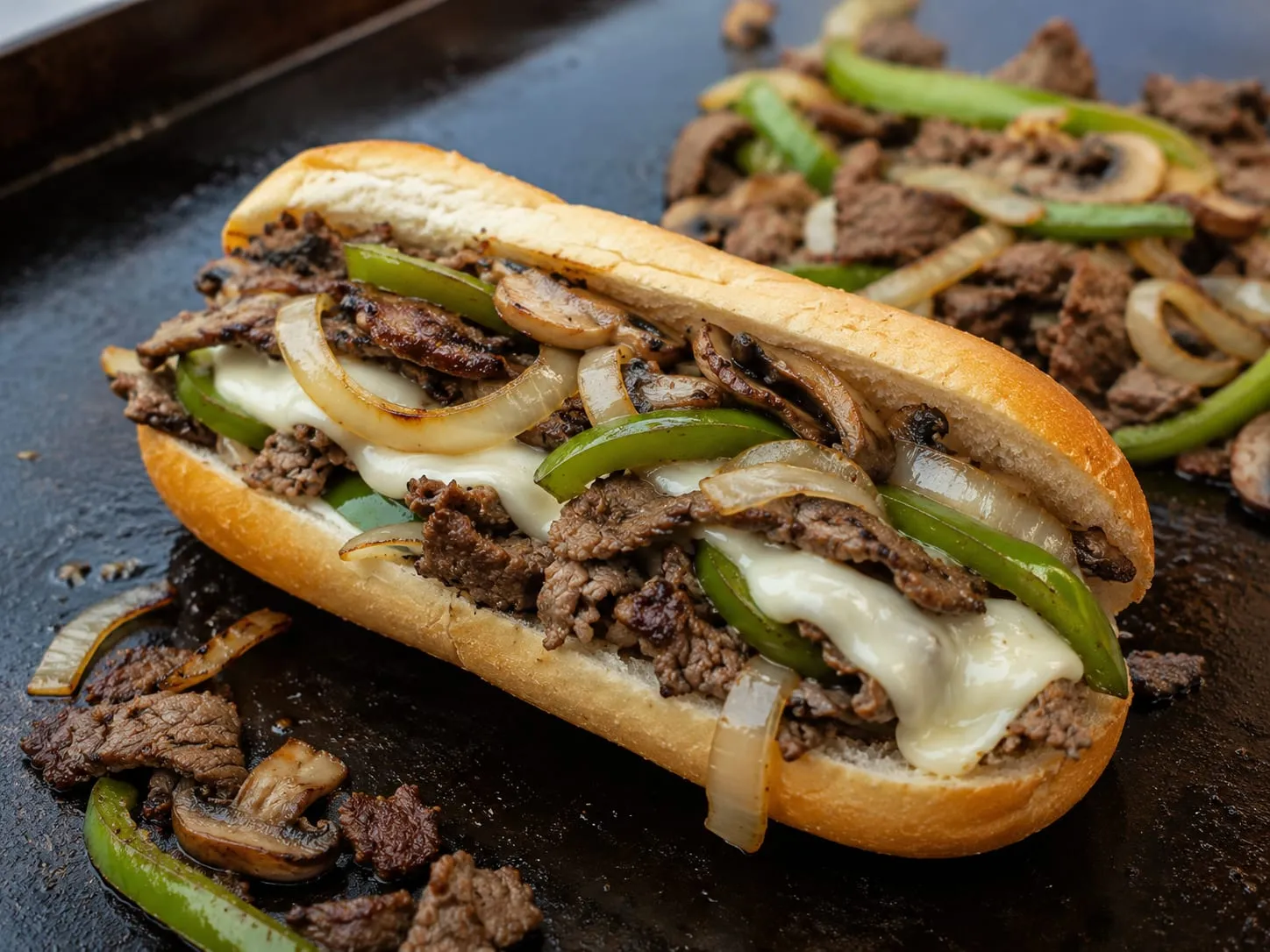 Blackstone Philly cheesesteak on a toasted hoagie roll with melted provolone