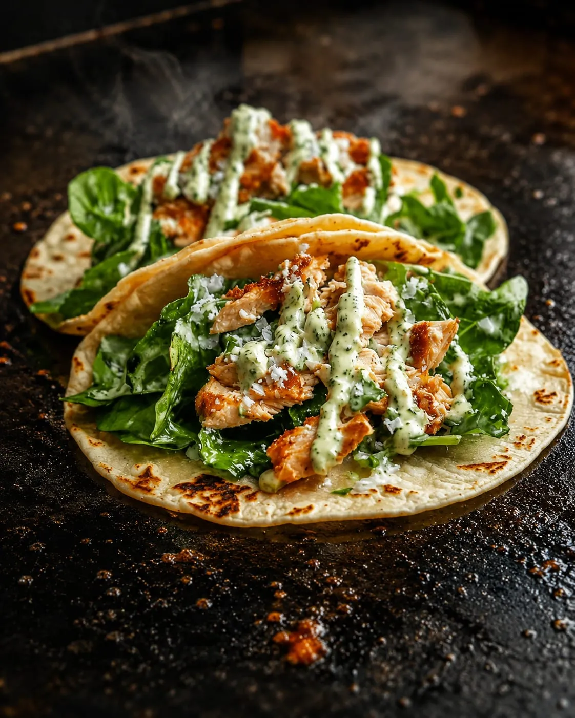 Chicken Caesar smash tacos with parmesan and romaine on a Blackstone griddle