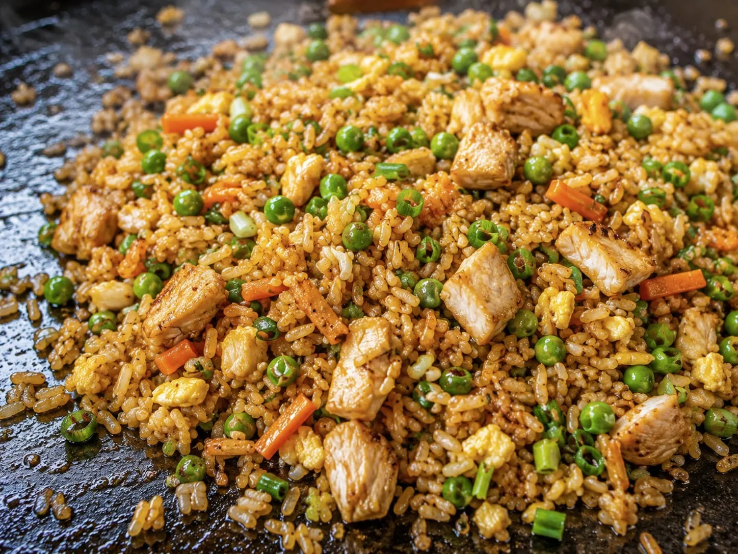 Blackstone chicken fried rice with scrambled egg and vegetables on the flat-top griddle