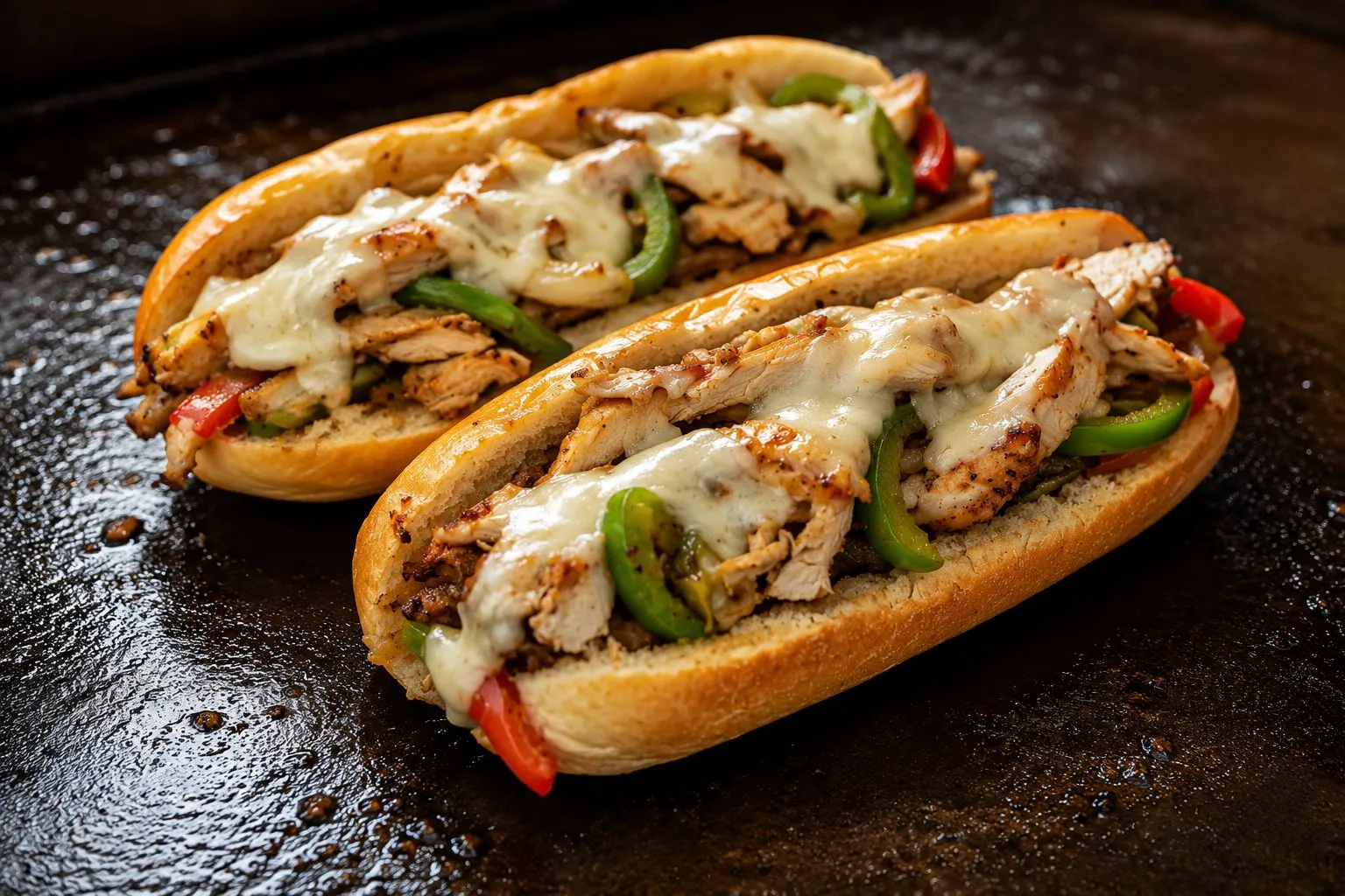 Two chicken Philly cheesesteaks on hoagie rolls with green and red peppers under melted provolone
