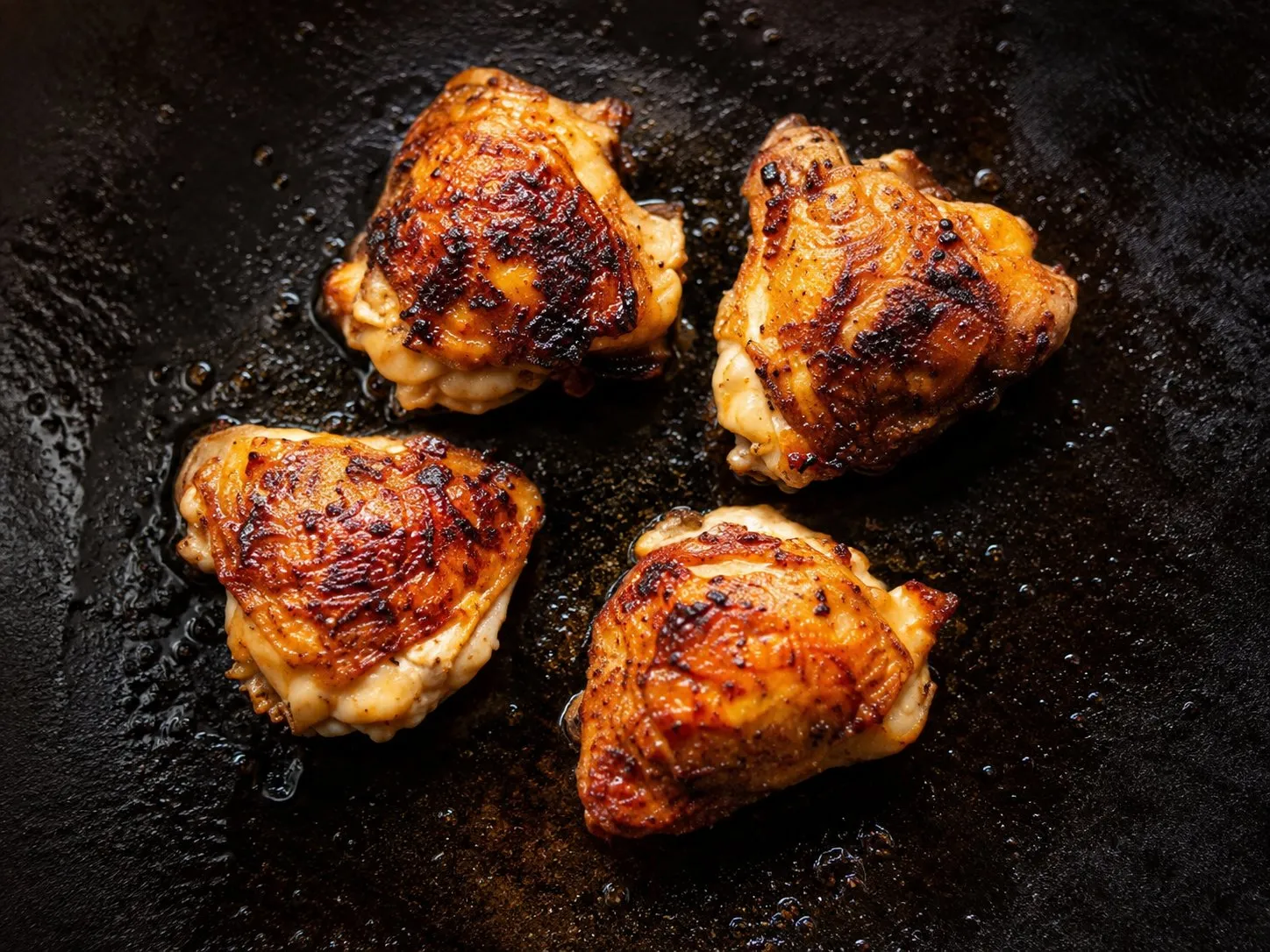 Chicken thighs seared deep golden brown on a Blackstone griddle