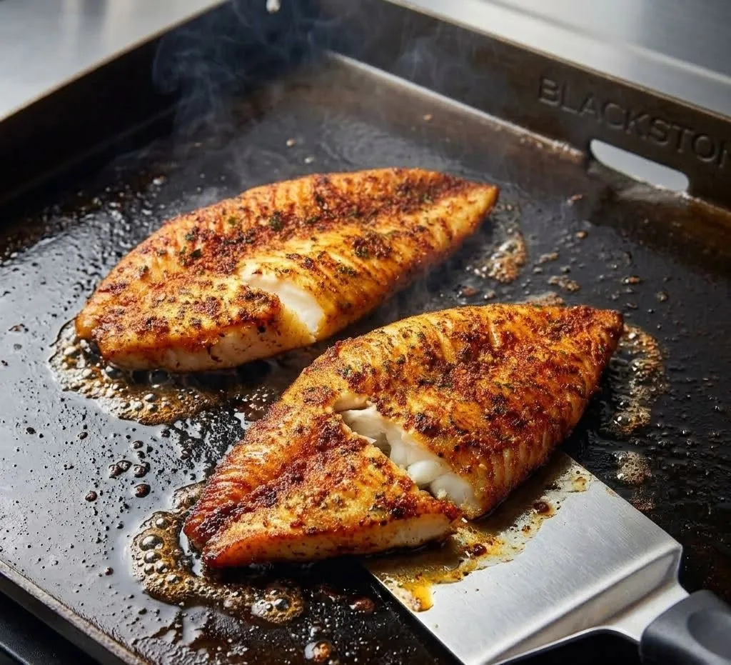Cod fillet with a golden butter sear cooking on a Blackstone griddle