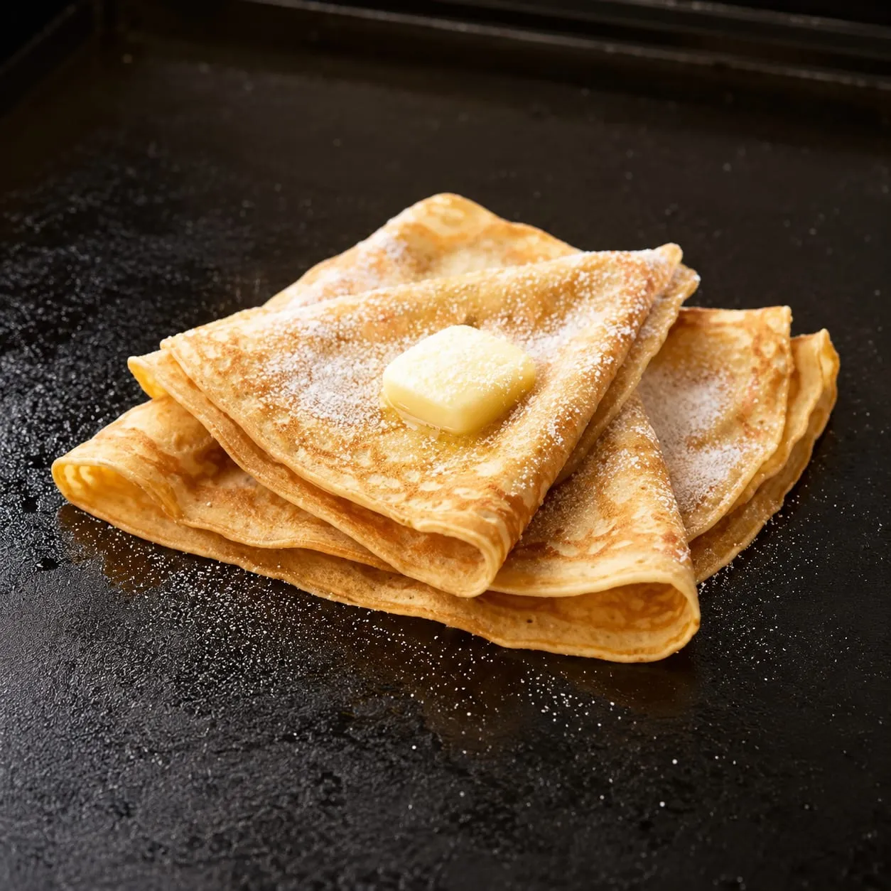 Thin golden crepe cooking on a Blackstone griddle flat top