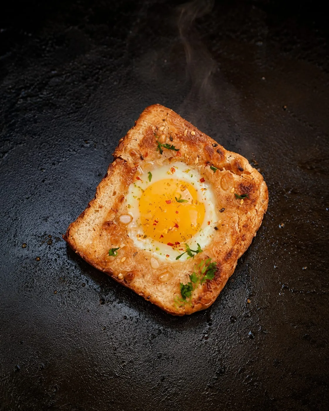 Egg in a basket cooking on a Blackstone griddle with crispy bread and runny yolk
