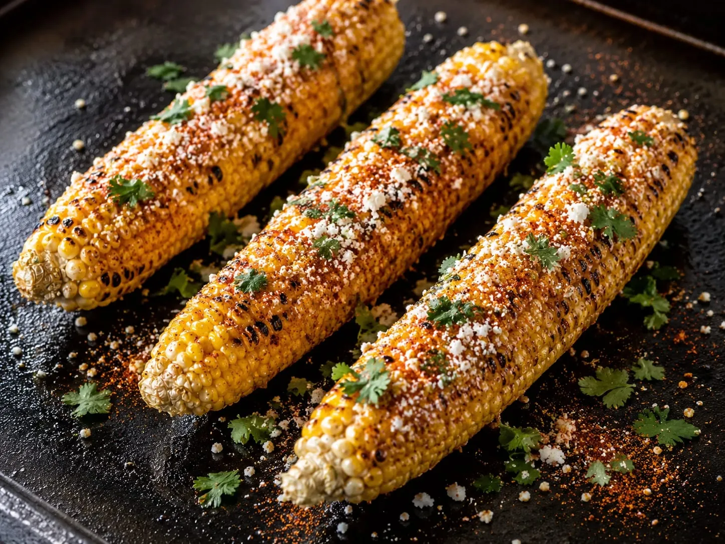 Charred Mexican street corn elotes on a Blackstone griddle with cotija cheese and chili powder