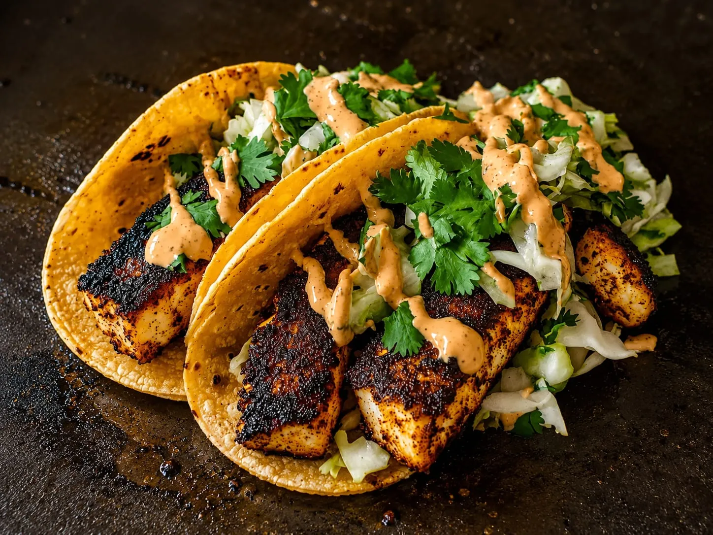Blackened fish tacos with cabbage slaw, avocado crema, and lime on corn tortillas from a Blackstone griddle