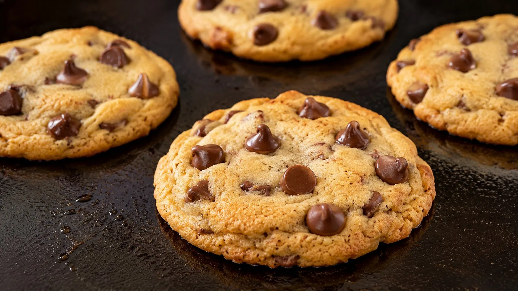 Chocolate chip cookies with melted chips cooking on a Blackstone griddle