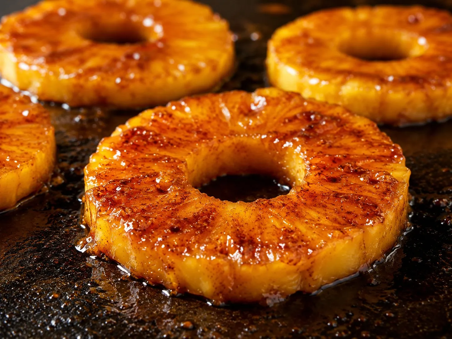 Caramelized pineapple rings coated in cinnamon sugar on a Blackstone griddle