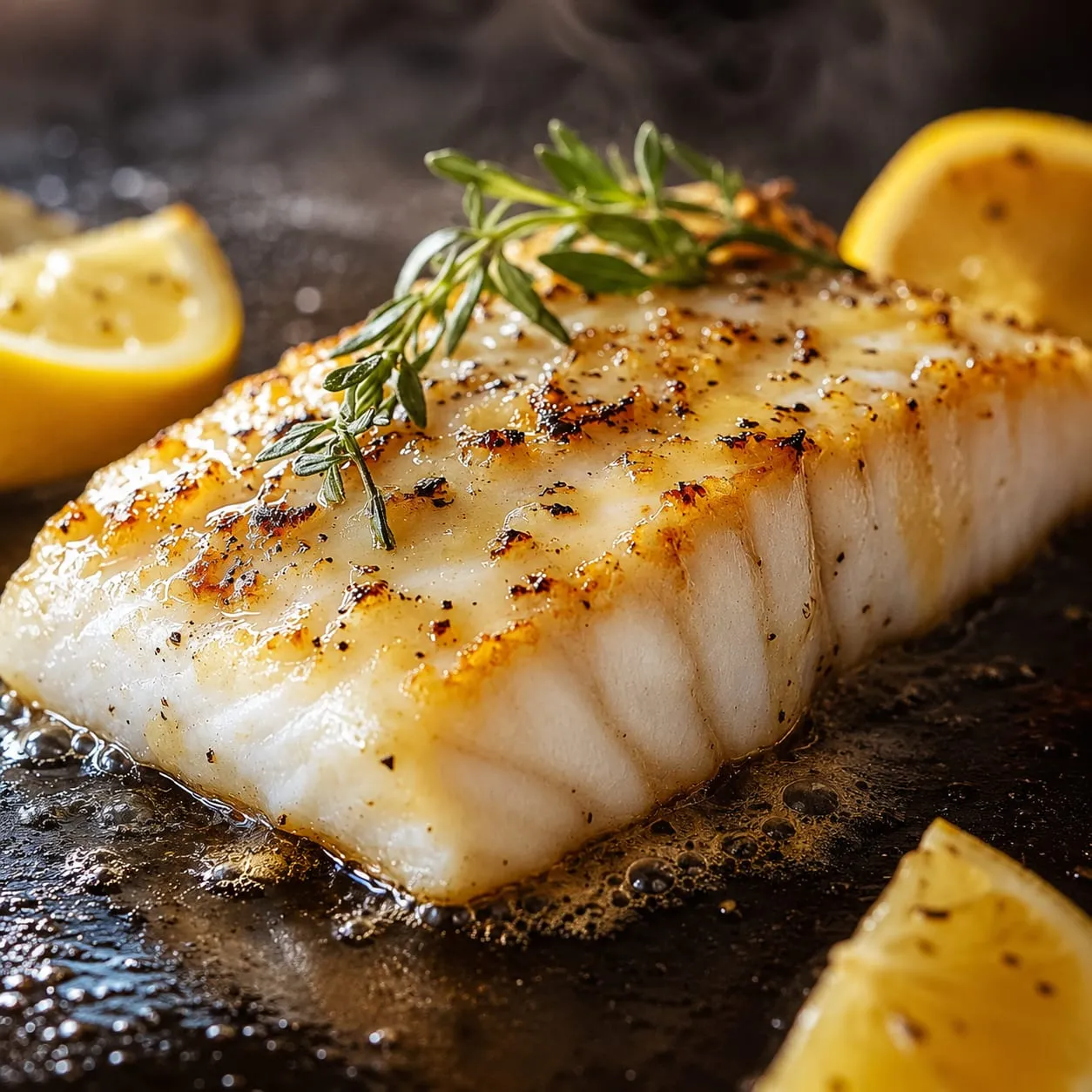 Halibut fillet with a golden herb butter sear on a Blackstone griddle
