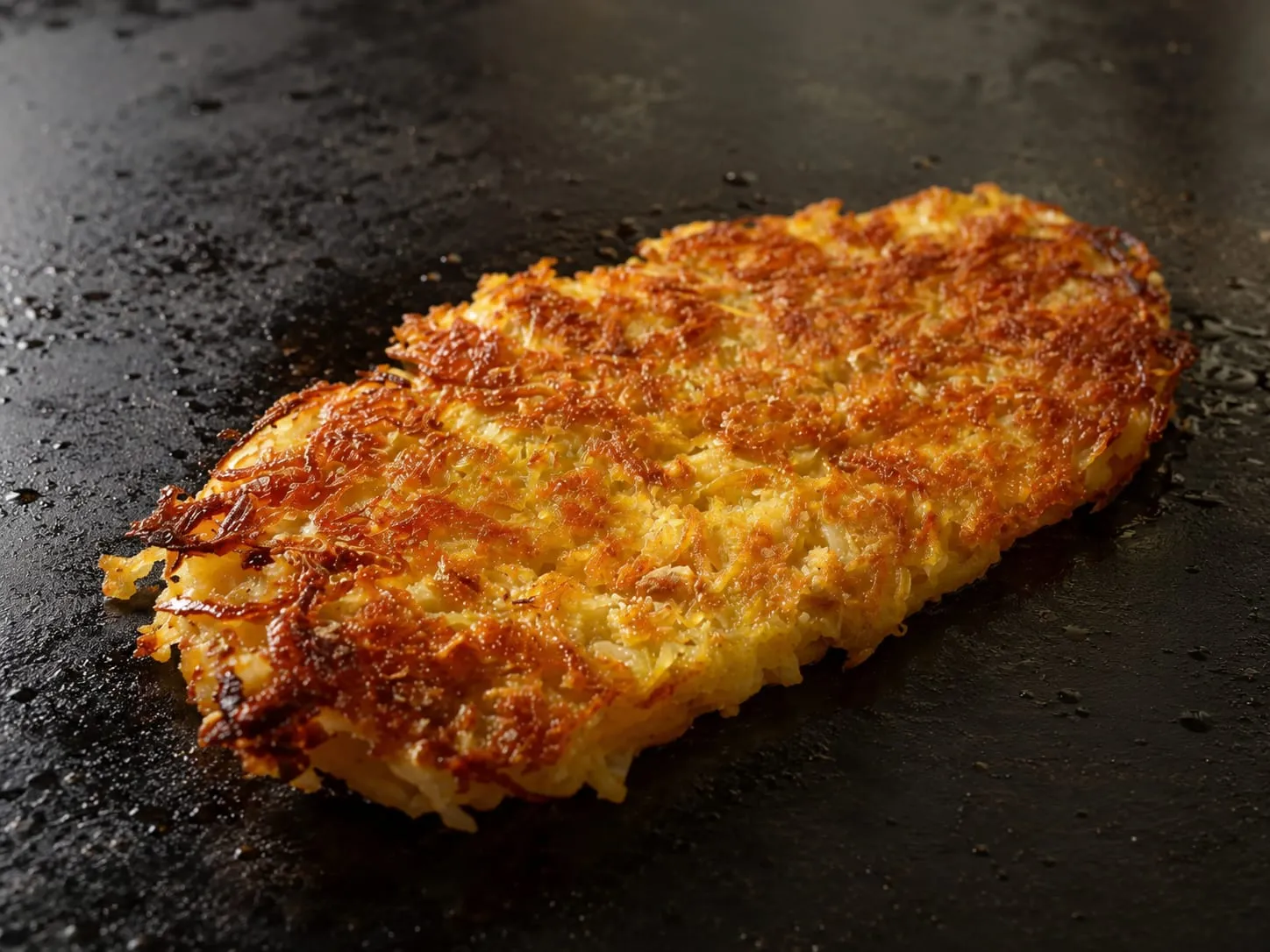 Crispy golden hashbrowns pressed flat on a Blackstone griddle