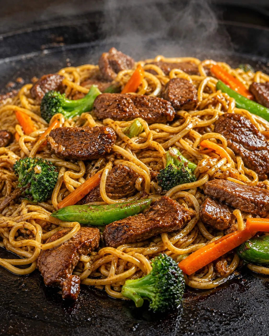 Lo mein noodles with vegetables and savory sauce stir-fried on a Blackstone griddle