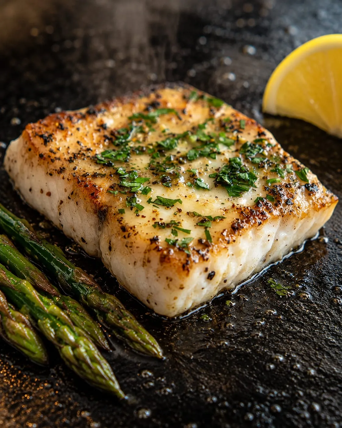 Mahi mahi fillet with a golden sear cooking on a Blackstone griddle