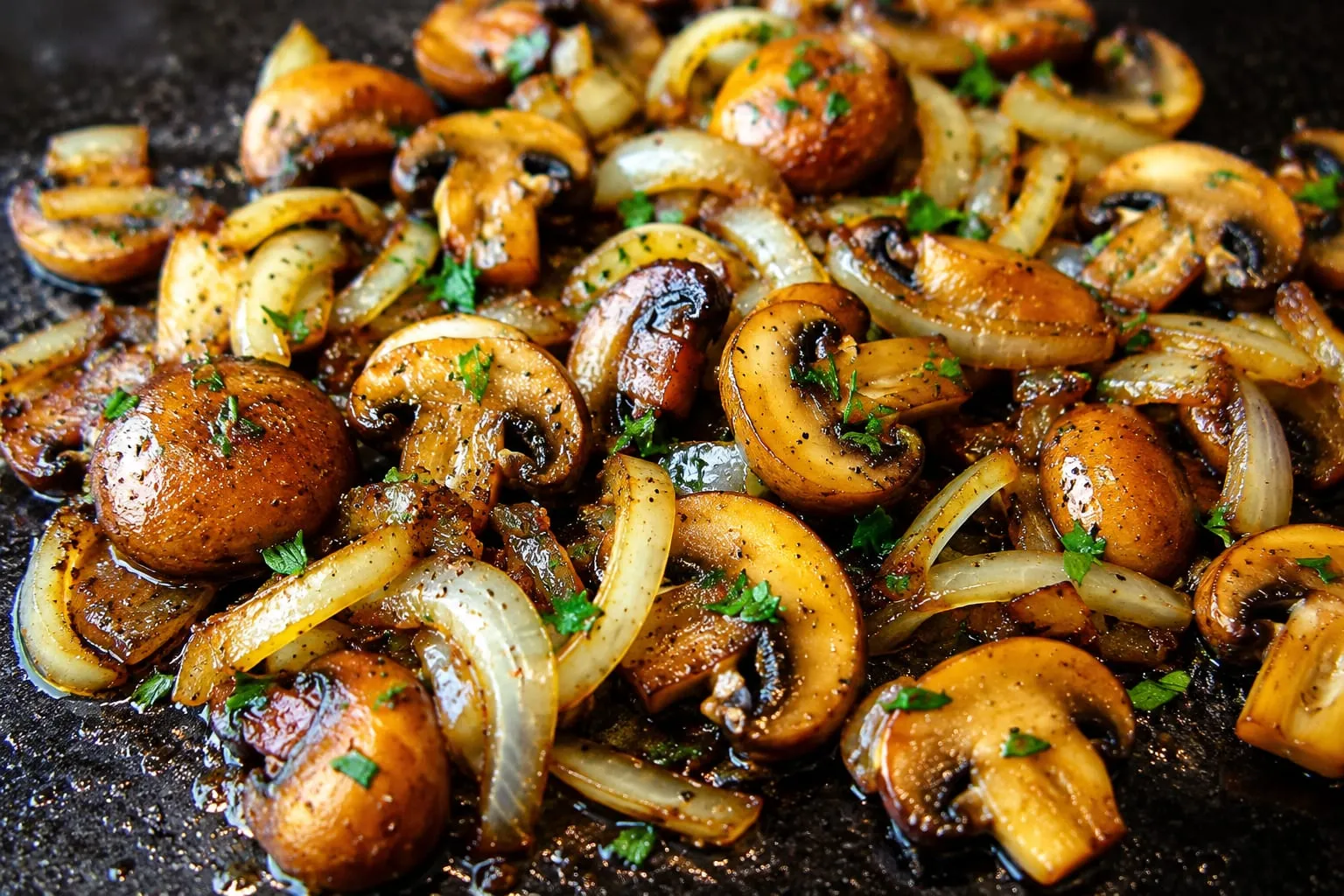 Caramelized onions and seared mushrooms on a Blackstone griddle