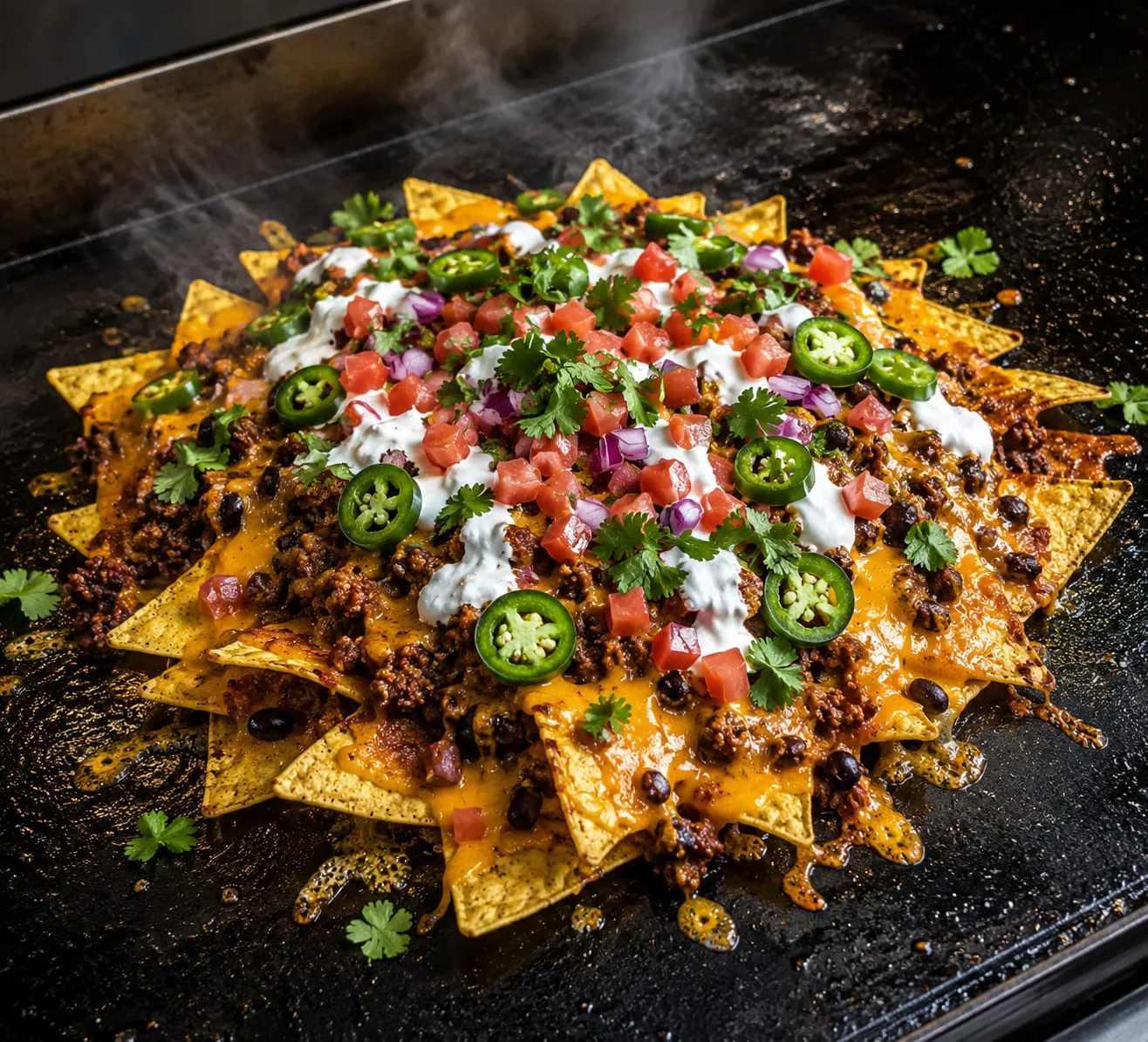 Loaded nachos with melted cheese, seasoned beef, and jalapeños on a Blackstone griddle