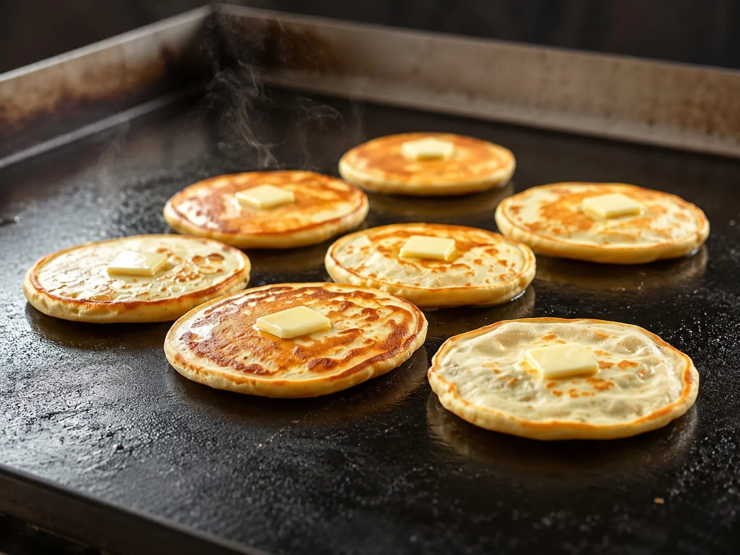 Pancakes cooking on a Blackstone griddle
