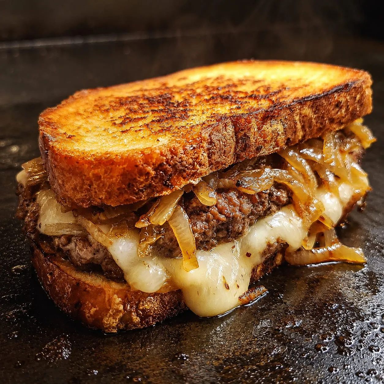 Patty melt with caramelized onions and melted Swiss on crispy rye bread on a Blackstone griddle