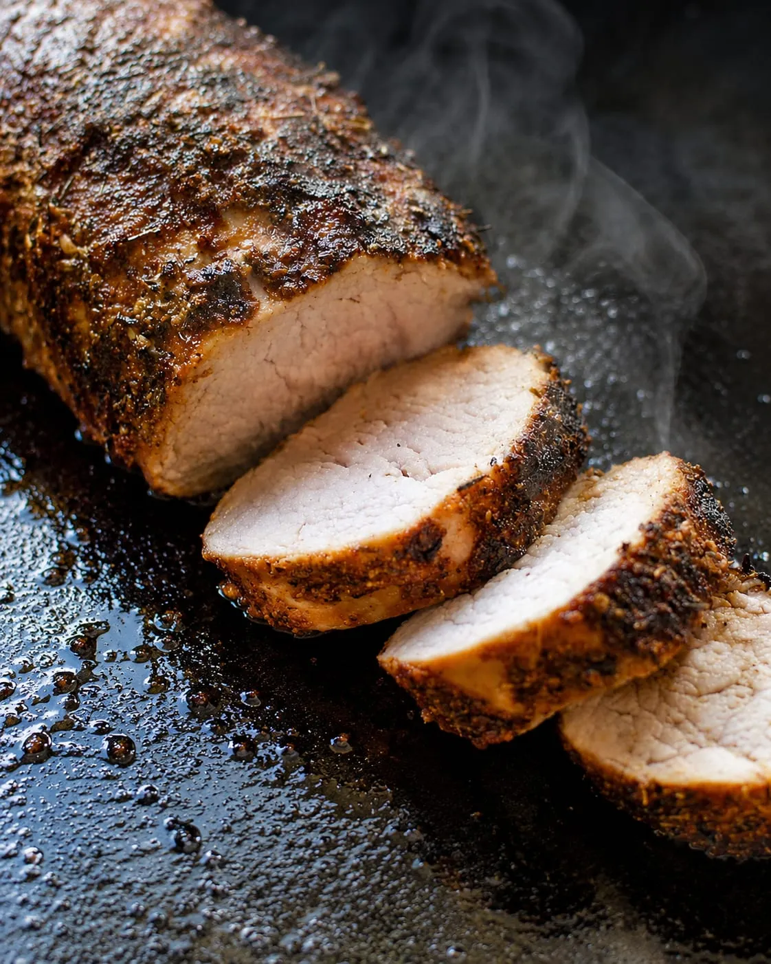 Pork tenderloin with a golden-brown crust searing on a Blackstone griddle