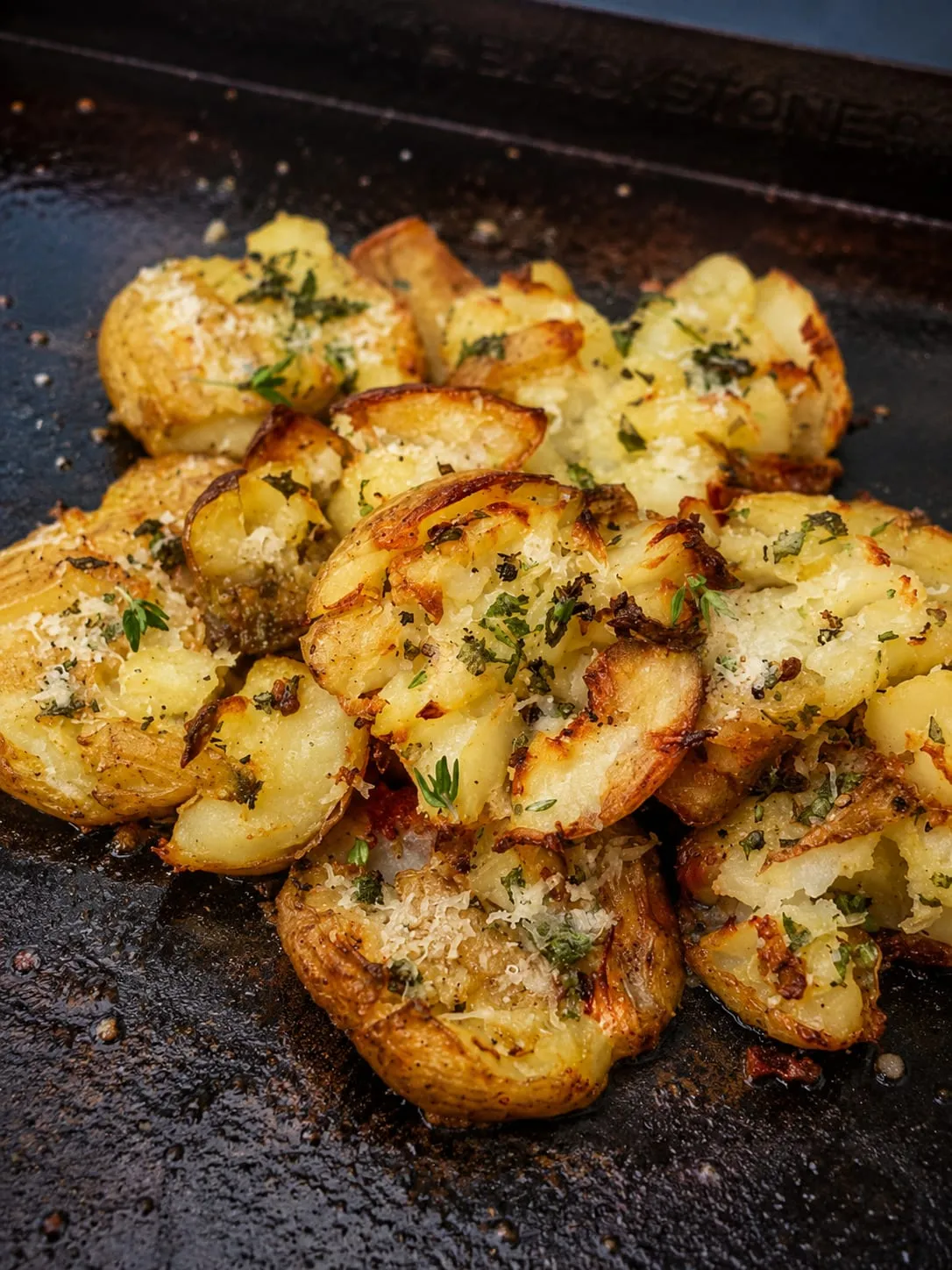 Crispy smashed potatoes cooking on a Blackstone griddle