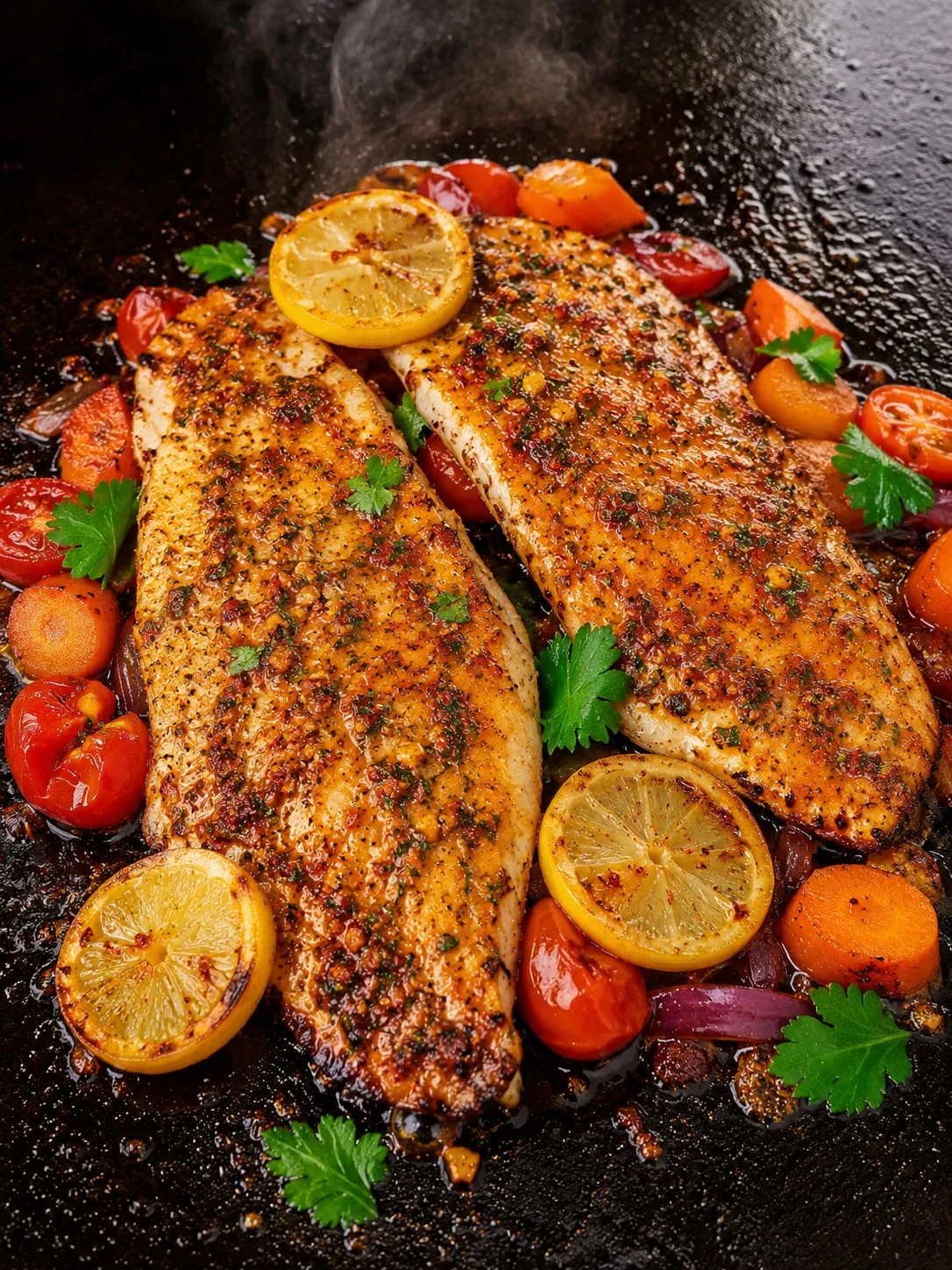 Red snapper fillet with crispy skin searing on a Blackstone griddle