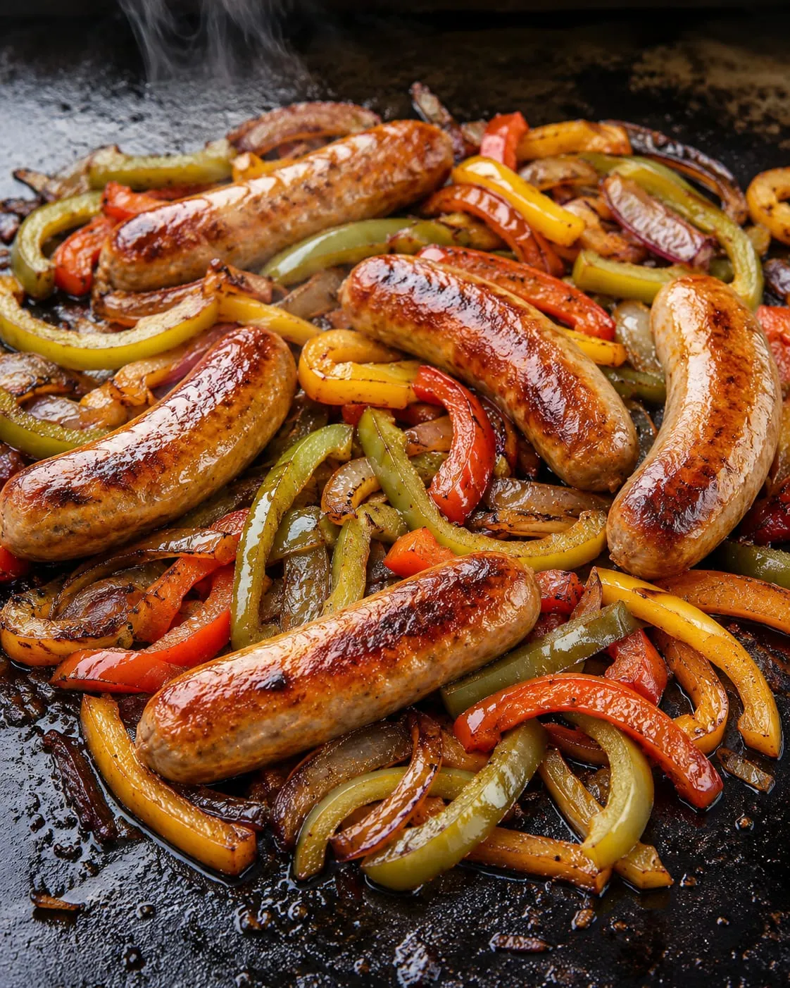 Italian sausage and caramelized peppers and onions on a Blackstone griddle