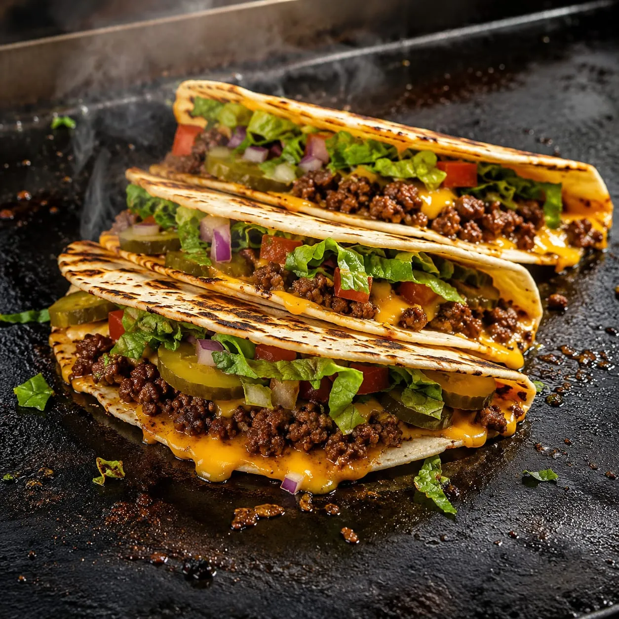 Smash burger tacos with crispy tortilla and beef patty on a Blackstone griddle