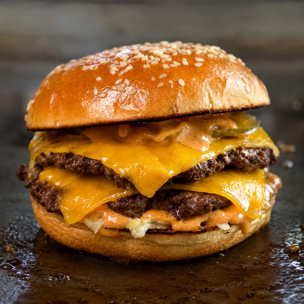 Double smash burger with melted cheddar, special sauce, and pickles on a toasted sesame bun on a Blackstone griddle