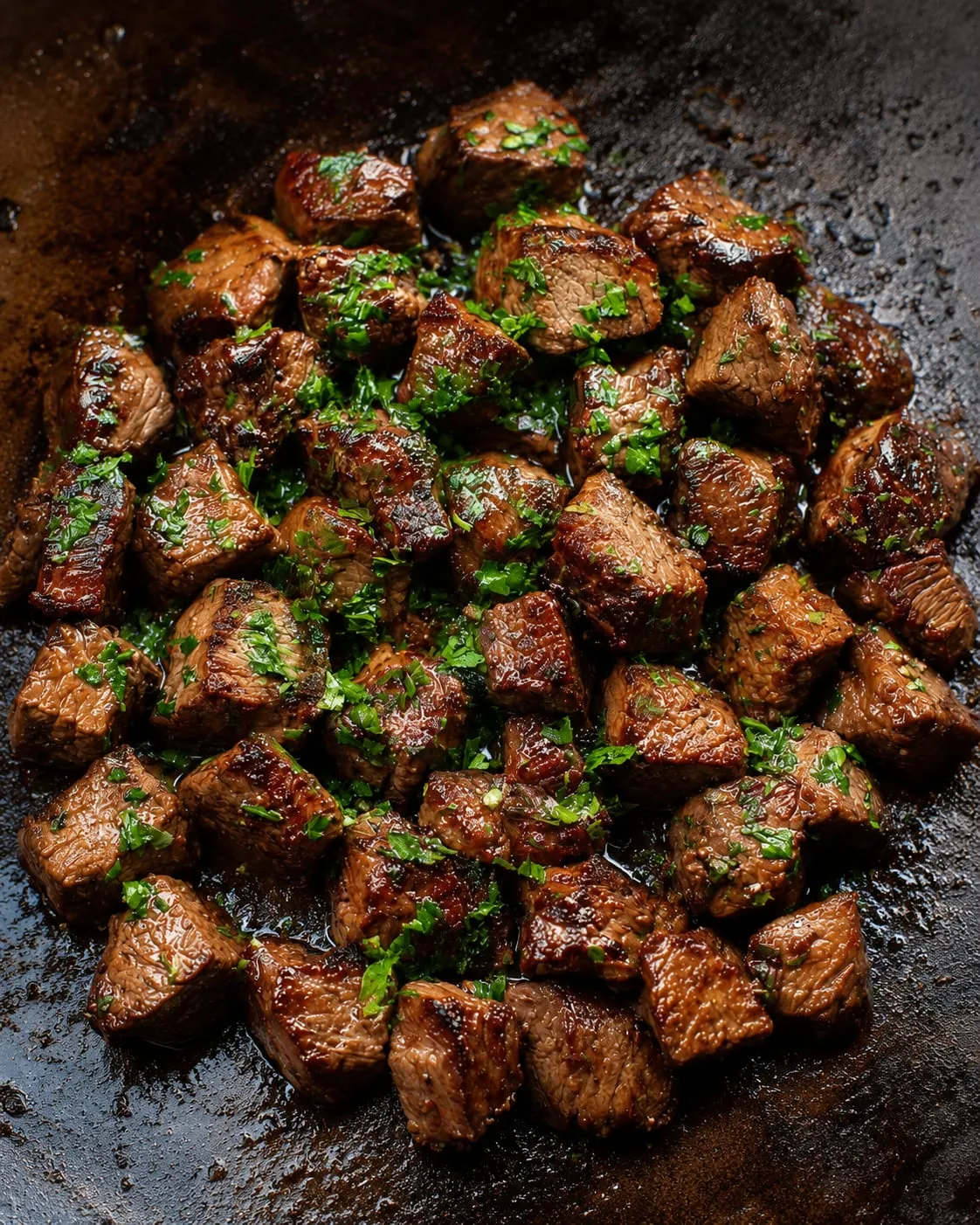 Garlic butter steak bites with a seared crust on a Blackstone griddle