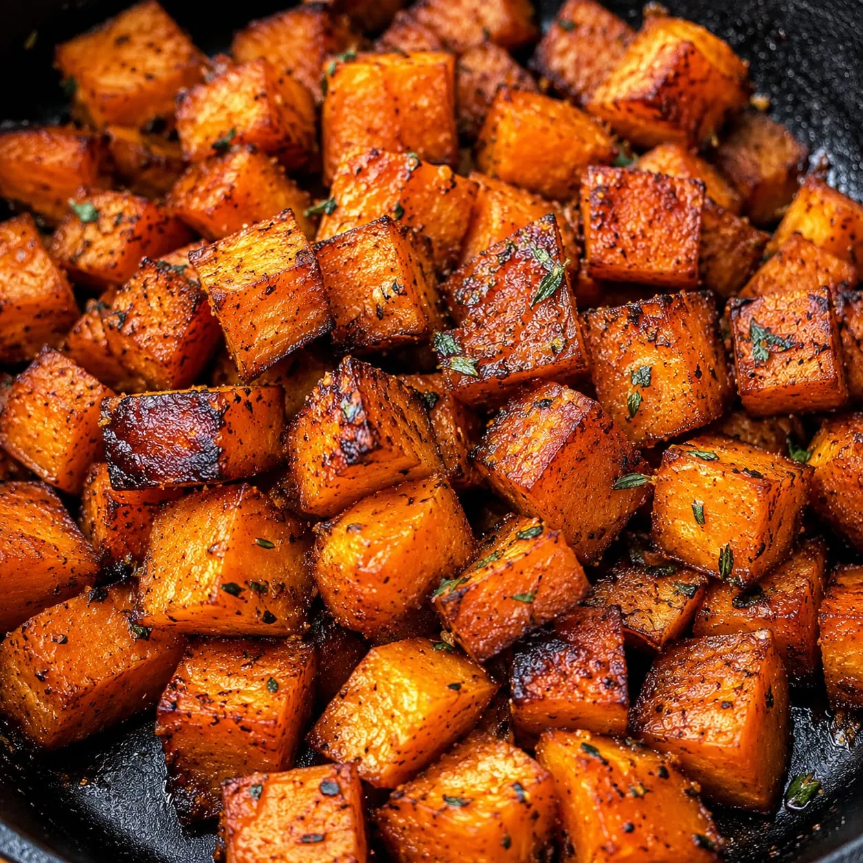 Sweet potato slices with caramelized edges cooking on a Blackstone griddle