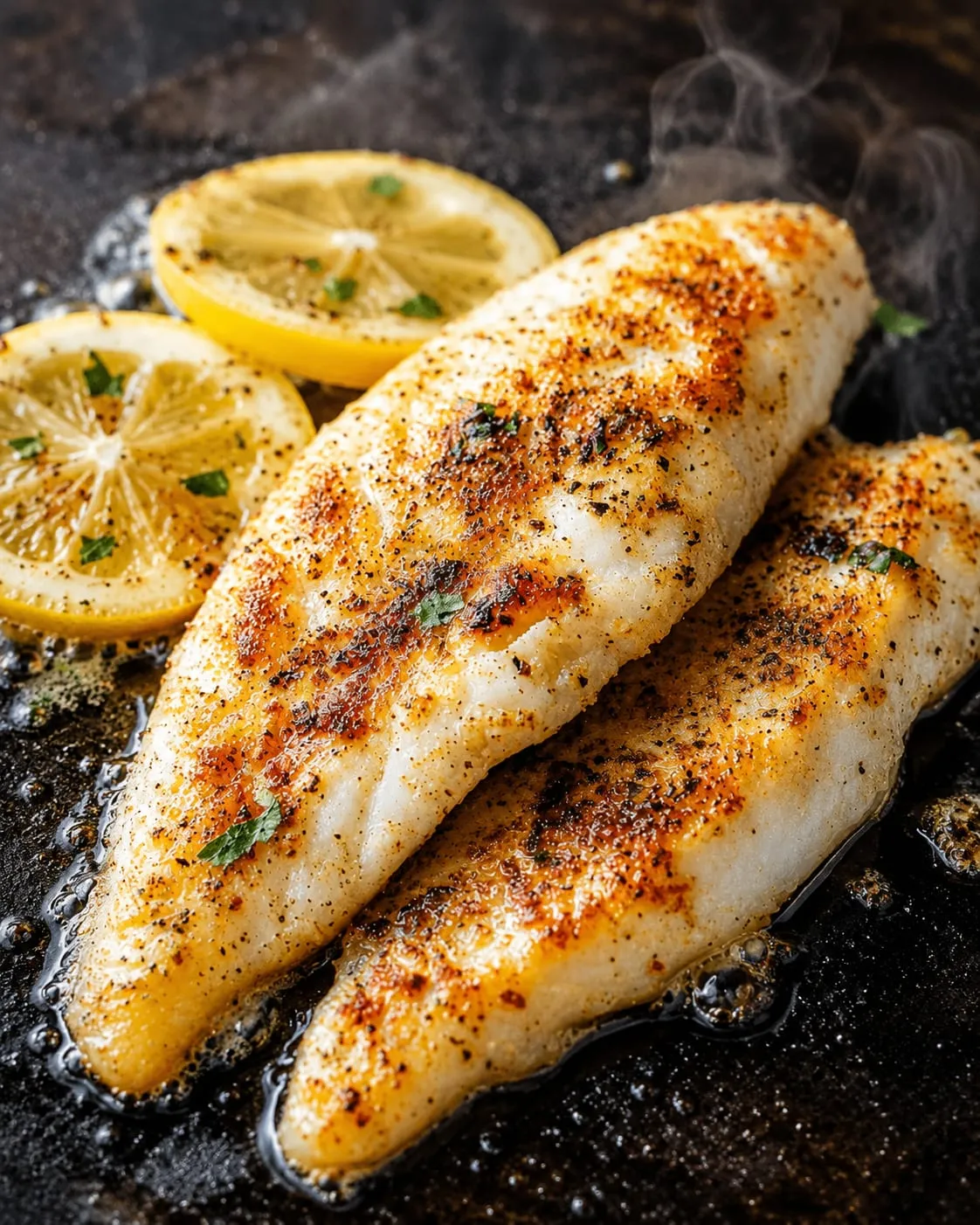 Tilapia fillets with a golden-brown crust cooking on a Blackstone griddle